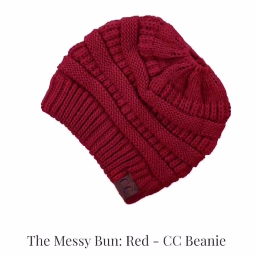 C.C messy bun beanie tail in red - winter and fall ponytail knit hats